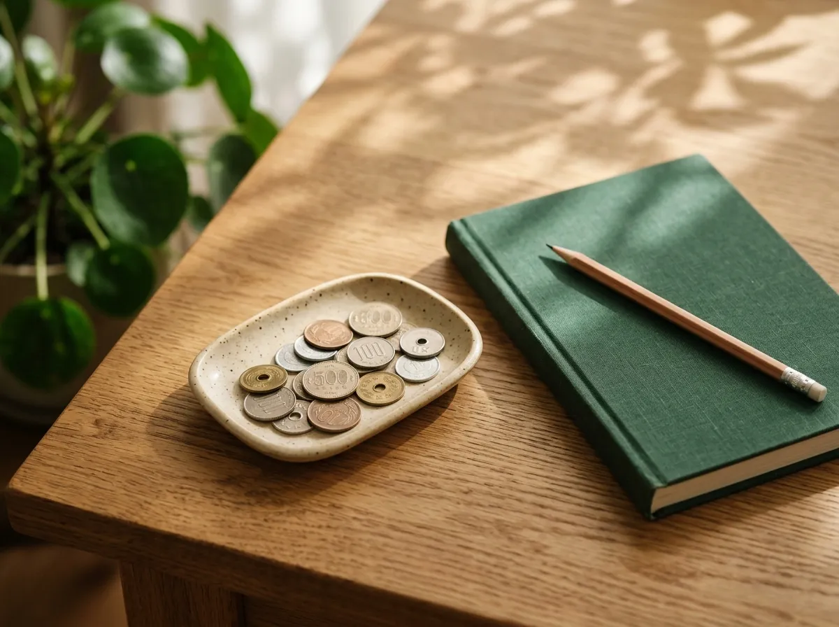 小皿に入った硬貨とノート