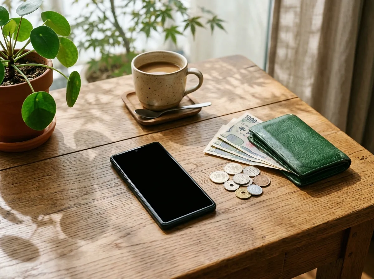 スマートフォンと日本円の硬貨が置かれた机